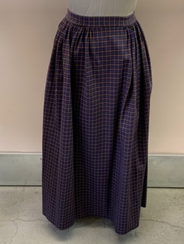 Womens, Historical Fiction Skirt, NL, Tan Brown, Royal Purple, Black, Wool, Elastane, Check , W32-34, Gathered Waist with 6" Flat In Front, Btn Back Closure