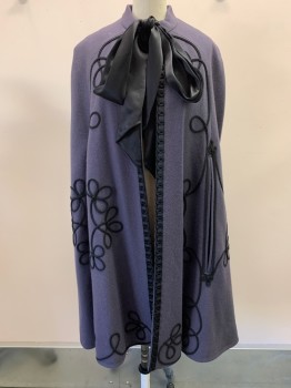 Womens, Cape 1890s-1910s, TEMPERLEY, Mauve Purple, Black, Wool, Silk, Swirl , B33, Hook Closure, Satin Ribbon Tie, Grosgrain At Center Front, Braided Cording Applique