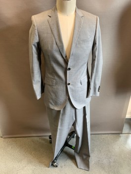BOSS, Lt Gray, Polyester, Solid, Heathered, Notched Lapel, 2bf , Foux 2 Pockets 2 Back Vents