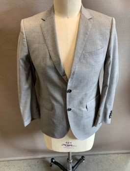 Mens, Suit, Jacket, BOSS, Lt Gray, Polyester, Solid, Heathered, 40S , Notched Lapel, 2bf , Foux 2 Pockets 2 Back Vents