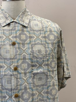 Mens, Casual Shirt, TOMMY BAHAMA, Beige, Lt Gray, Lt Blue, Khaki Brown, Silk, Geometric, L, S/S, Button Front, Collar Attached, Chest Pocket