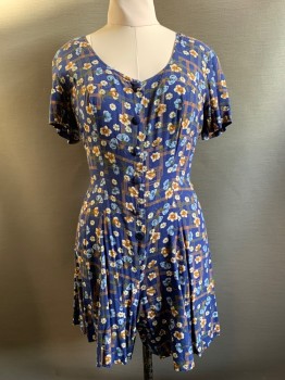 Womens, Romper, JAMIE BROOKE, Navy Blue, White, Brown, Green, Blue, Rayon, Floral, L, S/S, Scoop Neck, Button Front, Pleated Waist, Ties At Back Waist