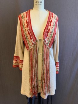 N/L, Cream, Red, Olive Green, Cotton, Solid, Floral, CARDIGAN, 1 Button, Fringe at Lapels, Tie Back, Red, Olive, and Light Peach Floral Trim