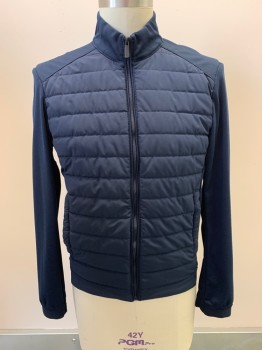 Mens, Casual Jacket, ZARA, Navy Blue, Polyester, L, Mock Neck, Quilted Chest, 2 Pockets