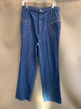 Womens, Jeans, KMART, Denim Blue, Cotton, W32, High Waist, 2 Zip Pockets, Zip Front, Orange Stitching, Bell Bottoms