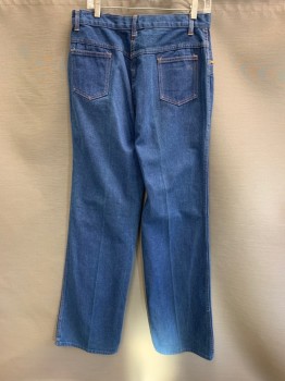 Womens, Jeans, KMART, Denim Blue, Cotton, W32, High Waist, 2 Zip Pockets, Zip Front, Orange Stitching, Bell Bottoms