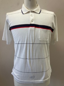 Mens, Polo Shirt, PAR FOUR, White, Faded Black, Red, Navy Blue, Cotton, Polyester, Stripes - Horizontal , Ch: 42, L, C.A., 3 Button Placket, S/S, Chest Pocket