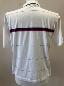 Mens, Polo Shirt, PAR FOUR, White, Faded Black, Red, Navy Blue, Cotton, Polyester, Stripes - Horizontal , Ch: 42, L, C.A., 3 Button Placket, S/S, Chest Pocket