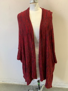 Womens, Cardigan Sweater, NY COLLECTION, Red, Black, Red Burgundy, Acrylic, Heathered, 3X, Long Drapey, Open Front, Short Sleeves,