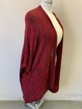 NY COLLECTION, Red, Black, Red Burgundy, Acrylic, Heathered, Long Drapey, Open Front, Short Sleeves,