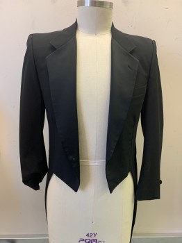 Mens, 1980s Vintage, Formal Jacket, PIERRE CARDIN, Black, Wool, Solid, 40L, Tailcoat, Open Front, Satin Collar, Notched Lapel, Chest Pocket,