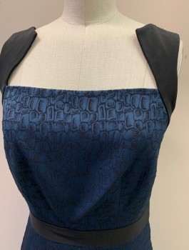 JAY GODFREY, Midnight Blue, Black, Polyester, Rayon, Abstract , Abstract Pebble Pattern, Square Neck, Solid Black Triangular Straps, Solid Black Waistband, Zip Back, Knee Length