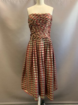 Womens, Evening Gown, ADELE SIMPSON, Red, Gold, Green, Polyester, Plaid-  Windowpane, W30, B32, Strapless, Wrinkled Chest, Pleated, Side Zipper,