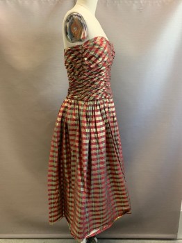 Womens, Evening Gown, ADELE SIMPSON, Red, Gold, Green, Polyester, Plaid-  Windowpane, W30, B32, Strapless, Wrinkled Chest, Pleated, Side Zipper,