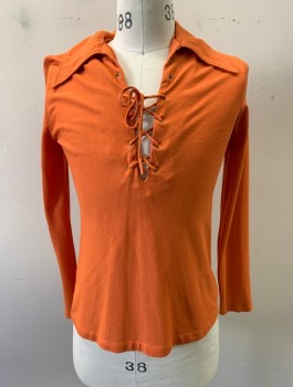 Mens, Shirt Disco, N/L, Orange, Polyester, Solid, S, Rib Knit Jersey, Pullover, L/S, Plunging V-Neck with Lace Up Detail, Dagger Collar