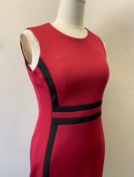 Womens, Dress, Sleeveless, CALVIN KLEIN, Maroon Red, Black, Polyester, Spandex, Solid, Sz.12, Scoop Neck, 1" Wide Black Contrast Strips at Princess Seams and Waist, Fitted, Hem Above Knee,  Invisible Zipper in Back