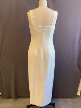 Womens, Dress, Piece 2, JR NITES, Eggshell White, Polyester, Solid, 10, Evening, Column Gown, Crepe, Scoop Neck, Clear Beaded Neck Detail, Sleeveless, Back Zip, Long,  Off Center Front Slit