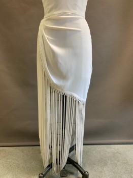 THERRY MUGLER, White, Polyester, Solid, Spaghetti Strap, V Neck, Side Pleat, Long Tassel Trim, Back Zipper, Side Buttons, Small Clear Snap Needs Replacing