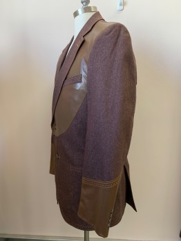 IL CANTO, Brown, Off White, Goldenrod Yellow, Cotton, Leather, Heathered, Sport-coat, 2 Buttons Single Breasted, Notched Lapel, 3 Pockets, Stitching Detail