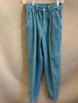 Womens, Pants, EDDIE BAUER, Teal Blue, Cotton, Solid, W24, Wide Wale Corduroy, High Waist, Gathered Front Waist, Tapered Leg, Zip Fly, Belt Loops, 3 Pockets