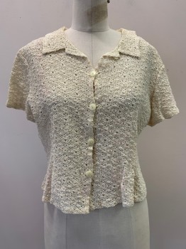 Womens, Blouse, NO LABEL, Cream, Cotton, Swirl , L, S/S, Button Front, Collar Attached, Pleated Front, Crochet, Pink Stains