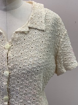Womens, Blouse, NO LABEL, Cream, Cotton, Swirl , L, S/S, Button Front, Collar Attached, Pleated Front, Crochet, Pink Stains