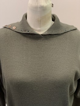 NILS, Dk Olive Grn, Wool, Acrylic, Solid, L/S, Turtleneck/Fold Collar with Plastic Buttons, Ribbed Waist to Hem And Sleeves