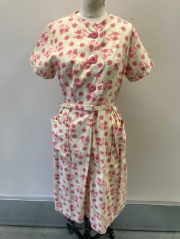 N/L, Cream, Mauve Pink, Cotton, Floral, S/S, B.F., With Pink Plastic Btns, Scallloped Placket Detail, 2 Front Pkts At Skirt With Pleats ,  With Belt Attached,