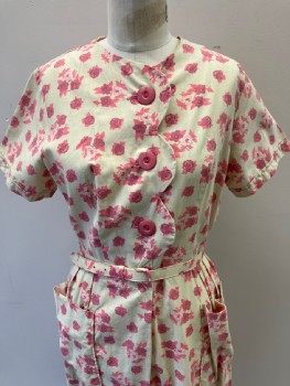N/L, Cream, Mauve Pink, Cotton, Floral, S/S, B.F., With Pink Plastic Btns, Scallloped Placket Detail, 2 Front Pkts At Skirt With Pleats ,  With Belt Attached,