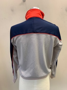 Mens, Jacket, ASICS TIGER, Navy Blue, Dove Gray, Red, Off White, Polyester, Color Blocking, S, Track Jacket, Zip Front, 2 Pockets, Embroiderred Logo Patch