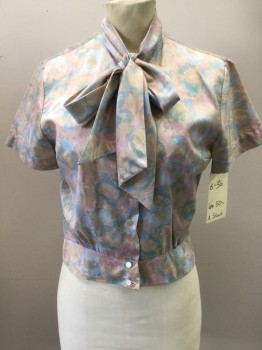 A STUART, Tan Brown, Aqua Blue, Rose Pink, Acetate, Abstract , Floral, Button Front, Short Sleeves, Fitted Waistband, Tie Scarf Neck