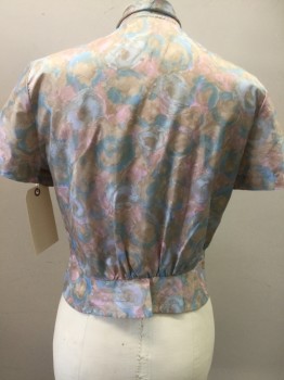 Womens, Blouse, A STUART, Tan Brown, Aqua Blue, Rose Pink, Acetate, Abstract , Floral, 36B, Button Front, Short Sleeves, Fitted Waistband, Tie Scarf Neck