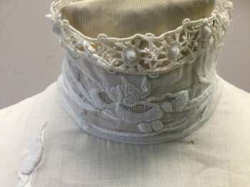 N/L, White, Cotton, Solid, White Cotton Batiste with White Hand Embroiderred Iris. Lace Inlay at Sleeves with Lace Trim at High Collar Band,