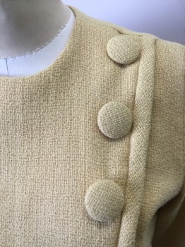 NL  , Butter Yellow, Wool, Solid, Crew Neck Fitted Dress, 3/4 Sleeves, Faux Jacket Over Dress Look Created with 1/2" Piping at Bodice with 3 Large Covered Buttons. Pencil Skirt with Pleated Front with Darts at Back,zipper Center Back, and Pleat at Back Hemline