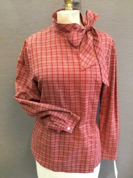 BOBBIE TO, Dk Red, Yellow, Gray, Polyester, Cotton, Plaid, Collar Attached W/neck Tie, Off Center Button Front, Long Sleeves,