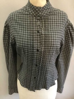 N/L, Gray, Black, White, Charcoal Gray, Cotton, Check , Plaid-  Windowpane, Long Sleeve Button Front, Stand Collar, Pleats At Center Front Button Placket, Puffy Sleeves Gathered At Shoulders, Pleated Vent Detail At Center Back Hem, Made To Order,