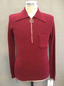 Mens, Sweater, CAMPUS WINTER, Cranberry Red, Acrylic, Solid, Medium, Long Sleeves, Half Zip, Collar, Ribbed, Breast Pocket