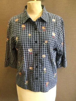 Womens, Blouse, TEDDI, Navy Blue, Lt Blue, Pink, White, Green, Cotton, Polyester, Check , Floral, PS, Navy/Lt Blue Check with Multi Color Floral Embroidery, Button Front, Collar Attached, 3/4 Tabbed Cuff Sleeve