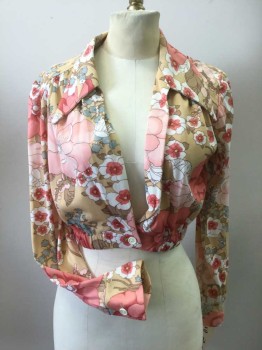 N/L, Tan Brown, Gray, White, Coral Orange, Polyester, Floral, Long Sleeves Button Cuffs, V-neck, Cropped, 1 Button, Collar Attached, Elastic Waistband, Back Yoke