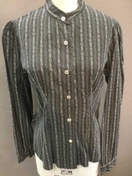 N/L, Charcoal Gray, Cream, Cotton, Stripes - Vertical , Floral, Floral Dotted Pinstripes, Long Sleeve Button Front, Band Collar,  Puffy Gathered Sleeves, Made To Order,