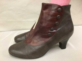Beautiful Feet, Chocolate Brown, Red Burgundy, Leather, Color Blocking, Ankle High Faux Button Side Boot, 2.5" Heel. Excellent Condition