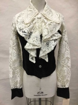 Zana Di, Black, White, Polyester, Cotton, Solid, Long Sleeves, Button Front, Collar Attached, Cotton Lace Top/Sleeves With Velvet Body/Bodice, Novelty Silver Buttons, Neck Ruffle, Velvet Cuffs