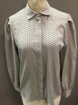 LEVI STRAUSS, Tan Brown, Blue, Brown, Polyester, Dots, Zig-Zag , Long Sleeves, Button Front, Collar Attached, Short Collar, Puff Sleeves