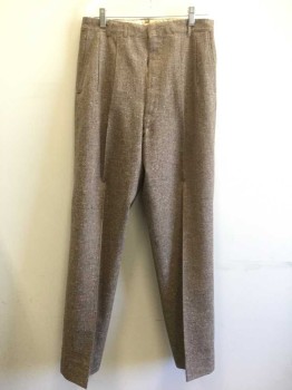 Mens, 1950s Vintage, Suit, Pants, BURBERRY'S, Lt Brown, Dk Brown, Red, Orange, Cream, Wool, Tweed, 31/30, Double Pleats, 4 Pockets, Zip Fly, Interior Suspender Buttons, Moth Holes Near Crotch
