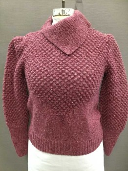 N/L, Mauve Pink, Wool, Speckled, Pullover, Moss Stitch at Bust and Long Sleeves, and Plain Knit at Waist and Asymmetrical Collar