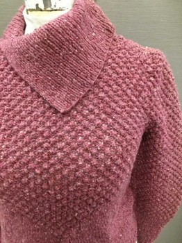 Womens, Sweater, N/L, Mauve Pink, Wool, Speckled, B:32, Pullover, Moss Stitch at Bust and Long Sleeves, and Plain Knit at Waist and Asymmetrical Collar