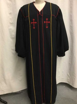 Unisex, Robe, P CHOIR ROBES INC, Black, Gold, Red, Polyester, Novelty Pattern, CH 55, Clerical Clergy Robe, Pastor, Minister, Red Embroidered  Latin Cross, Gold & Red Rope Piping Trim,Snaps Front,