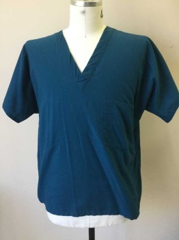 LANDAU, Teal Blue, Poly/Cotton, Solid, Short Sleeve, V-neck, 1 Pocket