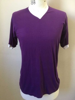 Mens, T-shirt, SPORTSWEAR, Purple, White, Polyester, Cotton, Solid, M, V-neck, Short Sleeves, White Rib Knit Trims