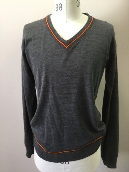 Mens, Pullover Sweater, N/L, Gray, Wool, Polyester, Solid, L, Harry Potter Sweater, Gray, V-neck, Red/yellow Stripe Around Collar/Waist, Ribbed Knit Neck/Cuff/Waistband, Multiples,